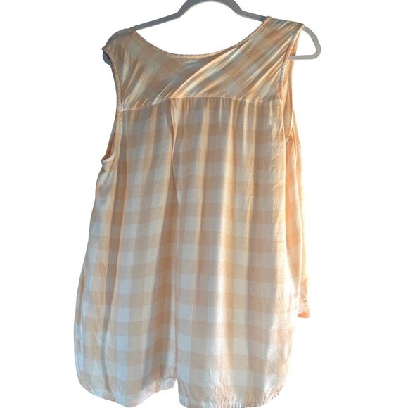 Fever Womens Top Button Sleeveless Hi Lo Split Back Melon/White Squares Size L - Picture 2 of 6